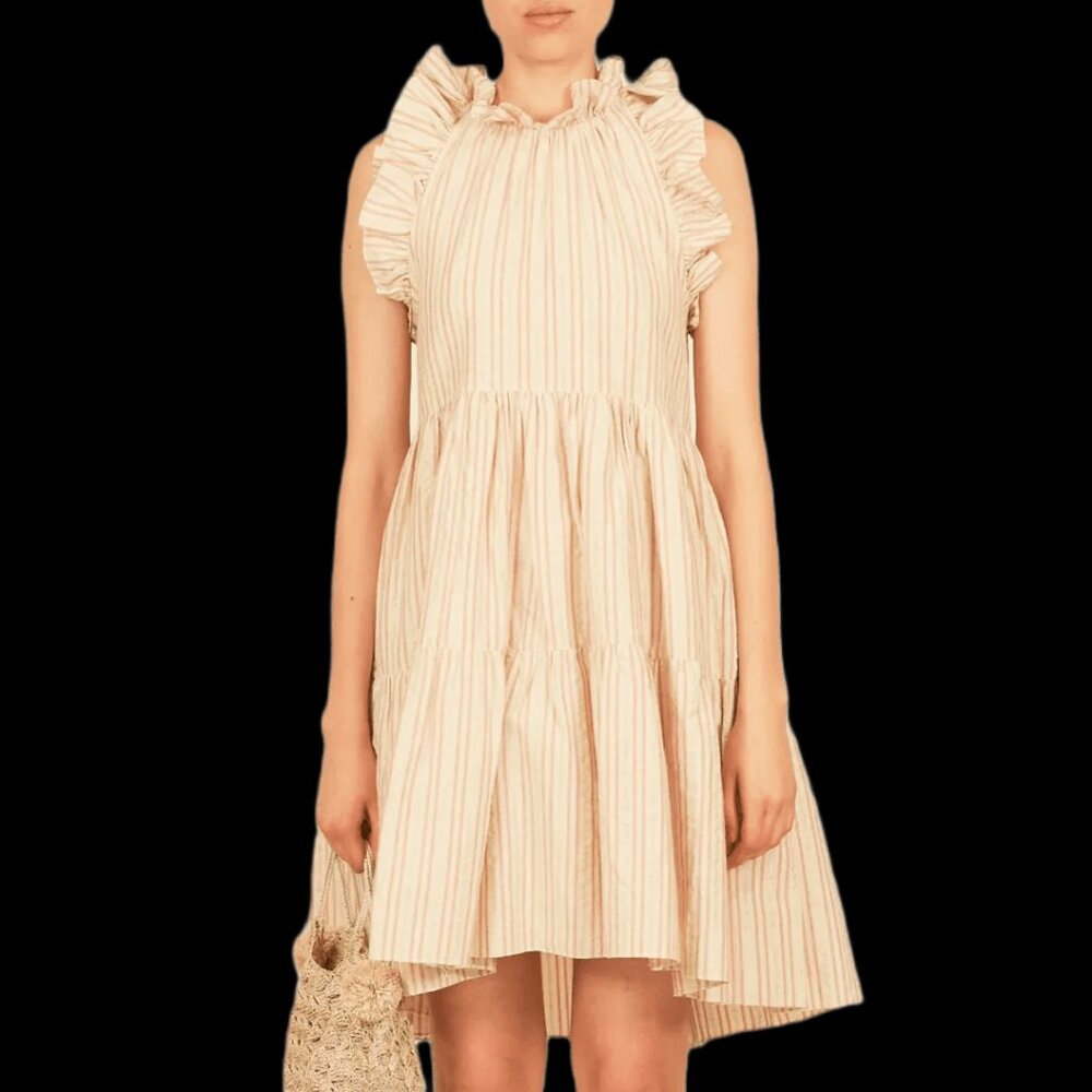 ULLA JOHNSON Tamsin Striped Cotton Ruffle Flutter Sleeve Trapeze Dress Size 4